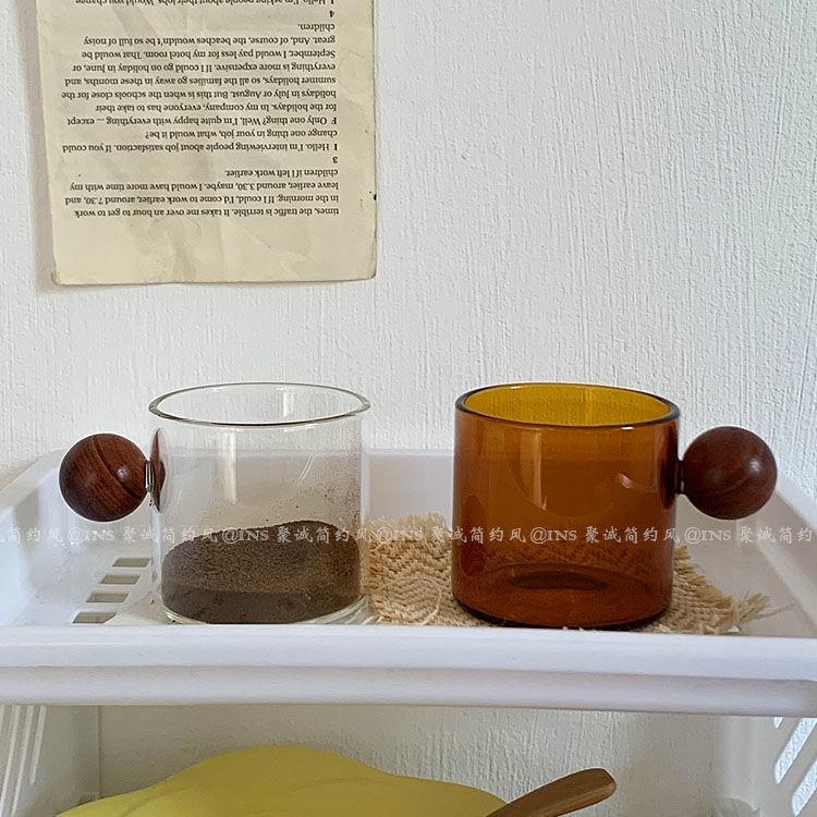 Cốc Thủy Tinh Uống Sữa/Cà Phê Có Tay Cầm Bằng Gỗ Phong Cách Nhật Bản