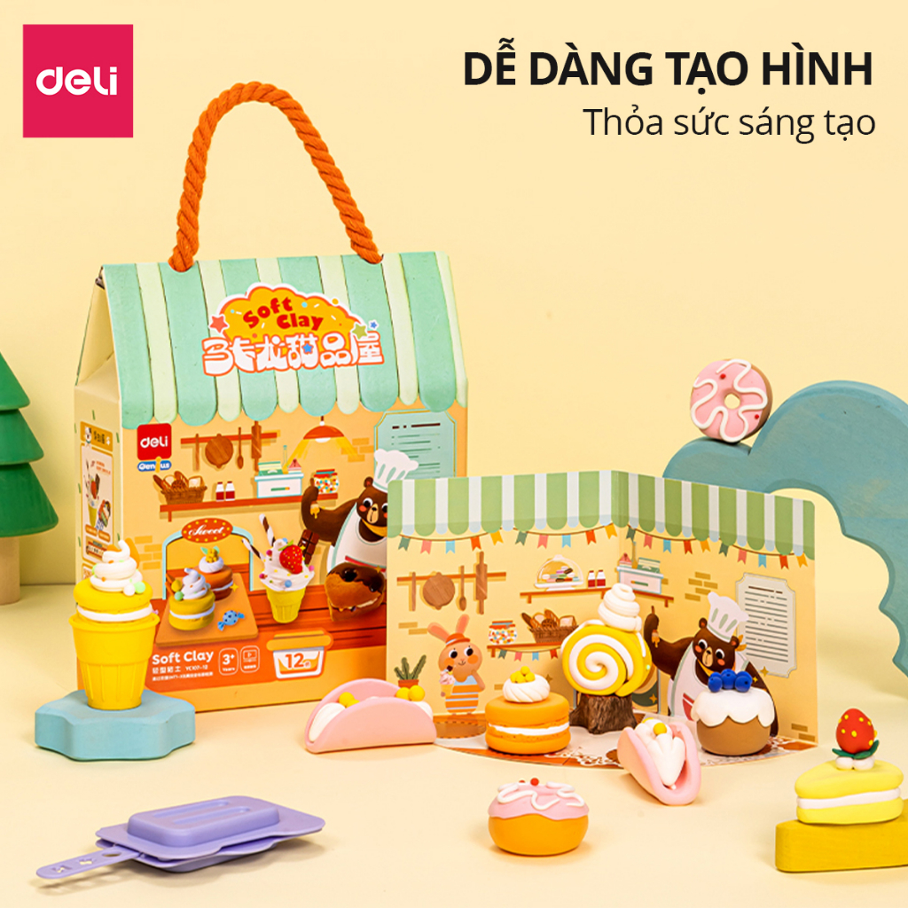 Bộ Đất Nặn Tự Khô Soft Clay 24 màu Deli - Kèm Khuôn Tạo Hình Cute - An Toàn Cho Trẻ Từ 3 Tuổi - Mềm Dẻo Đồ Chơi Sáng Tạo