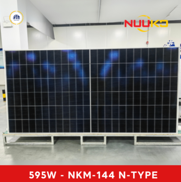 Tấm pin năng lượng mặt trời 2 mặt kính 595w NTYPE TOPCON - Hãng NUUKO - Hiệu suất 23% - Bảo hành 30 năm