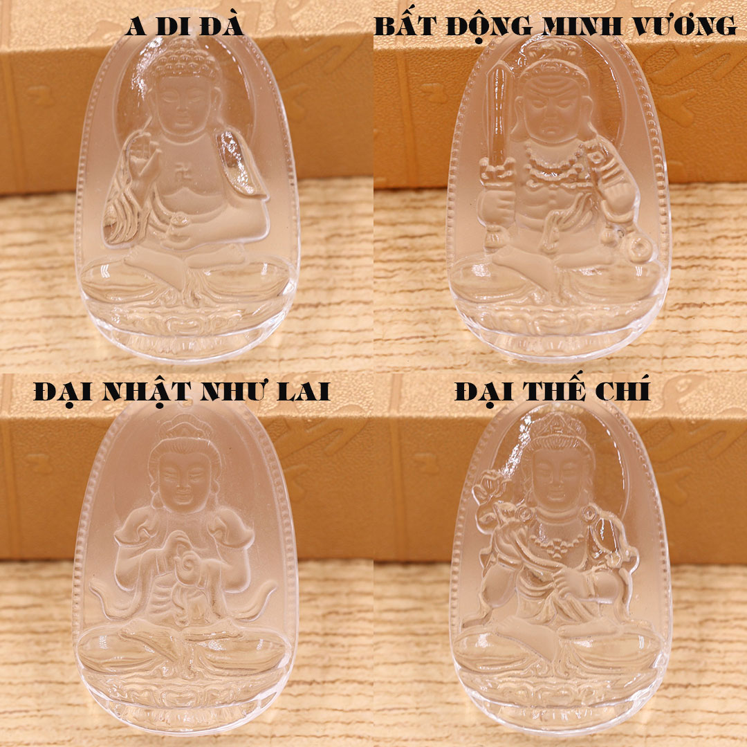 Mặt dây chuyền Phật Phổ hiền pha lê trắng 3.6 cm kèm vòng cổ dây dù đen + móc inox vàng, Phật bản mệnh, mặt dây chuyền phong thủy