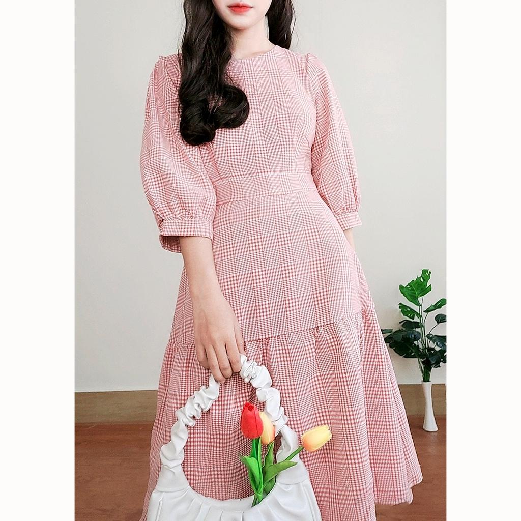 Đầm caro dạo phố, đầm công sở dáng xoè tay phồng RD008