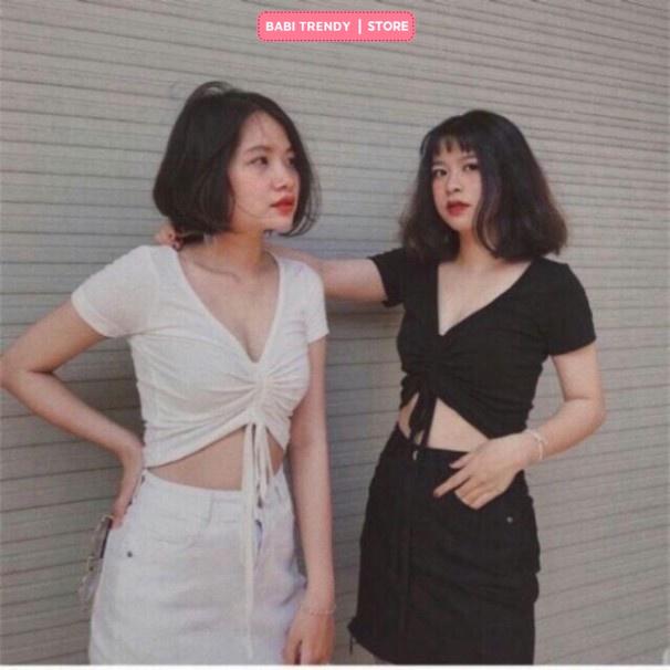 Áo Croptop Rút Dây Giữa Ngực Chất thun gân mềm mịn kiểu dáng Ulzzang - Babi Trendy CT29
