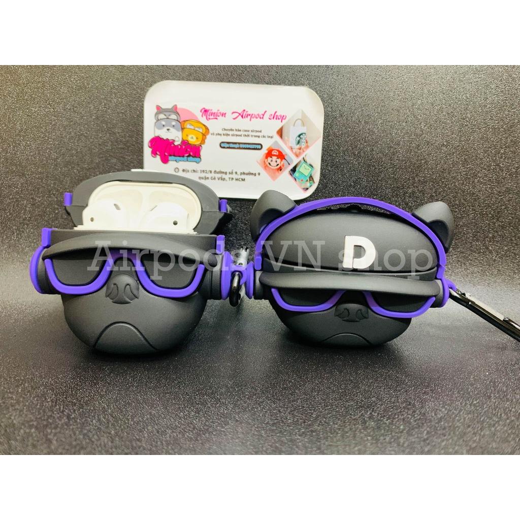 Bao Case Ốp dành cho Airpods 1/2 & Airpods Pro bulldog mang headphone tím siêu chất silicon cao cấp