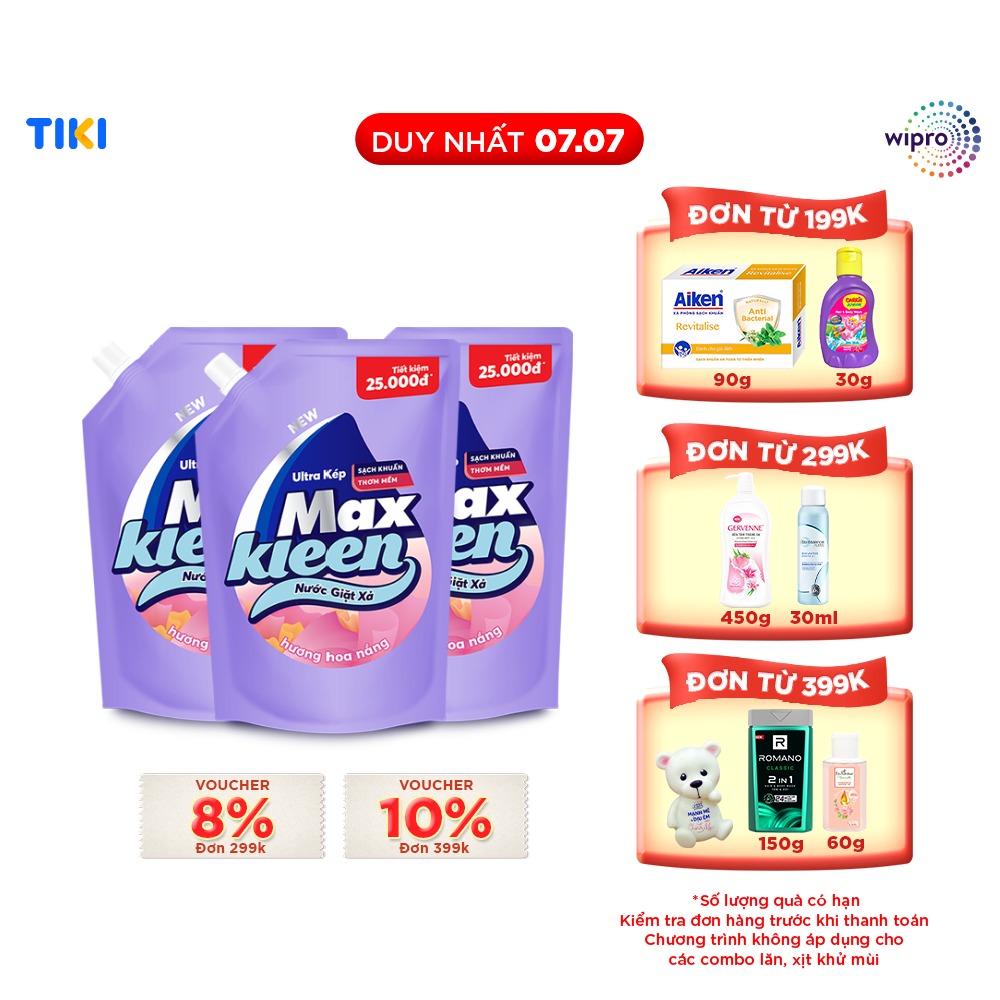 Combo 3 Túi Nước Giặt Xả Maxkleen Hương Hoa Nắng 2.4kgtúi