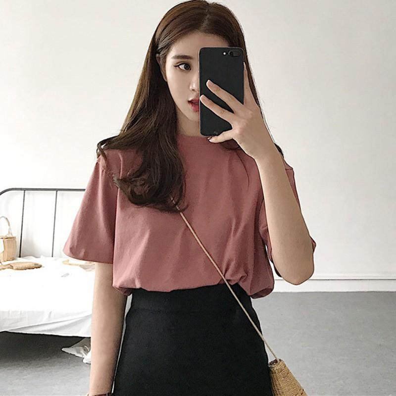 Áo thun dáng rộng cổ chữ V / chữ V màu trơn