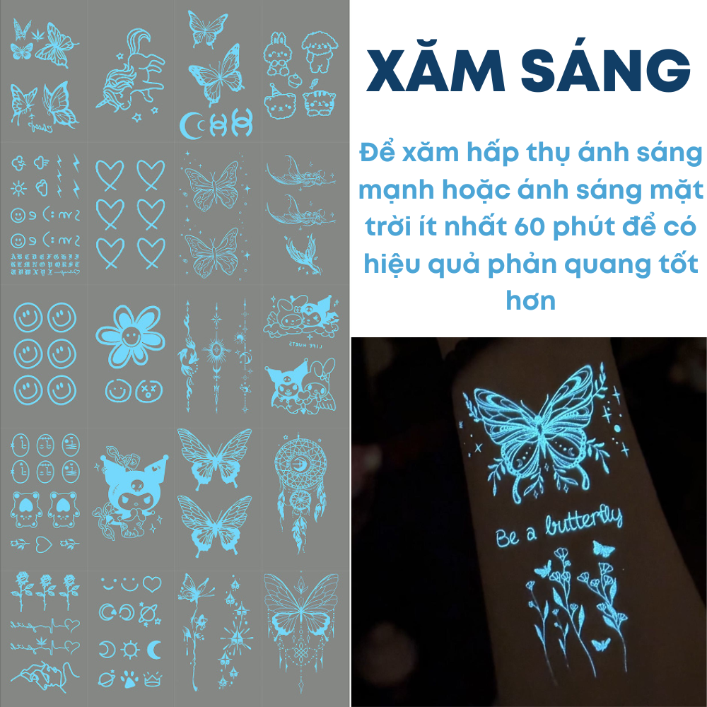 Set 20 Tờ Hình Xăm Phát Sáng Miếng Dán Tattoo Tạm Chời Hình Bướm, Trái Tim, Gấu, Mặt Cười, Hoa