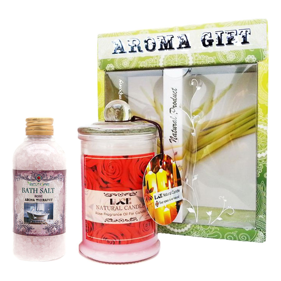 Hộp Quà Ecolife Aroma Hoa Hồng: Nến Thơm Lọ Thủy Tinh Và Muối Tắm