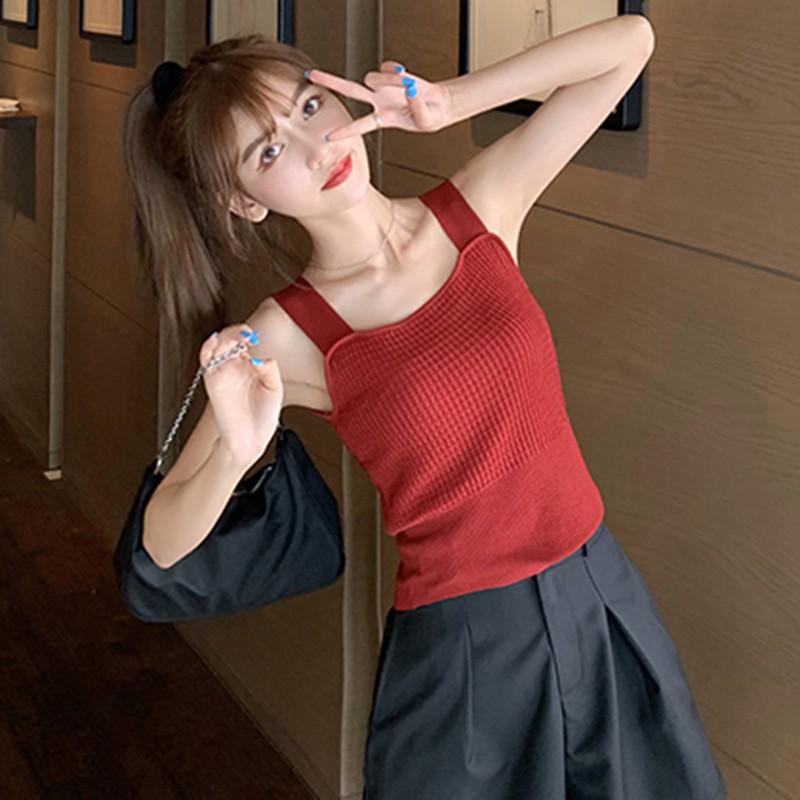 Áo Croptop Dệt Kim Sát Nách Cổ Vuông Màu Trơn Xinh Xắn Cho Nữ