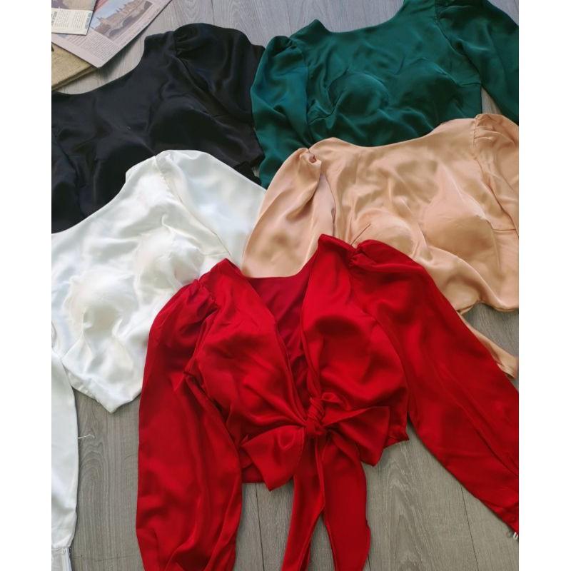 Áo Kiểu Nữ Cột Nơ Sau YURITA Tay Dài Chất Lụa Form Croptop Dễ Thương Phong Cách Hàn Quốc Đủ Màu Dễ Phối Đồ