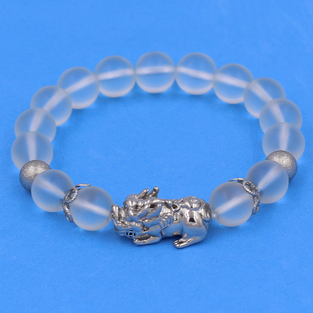 Vòng chuỗi đeo tay đá thạch anh trắng mờ 10 ly charm tỳ hưu inox, bi inox, khía bông inox, vòng tay phong thuỷ, vòng tay tỳ hưu