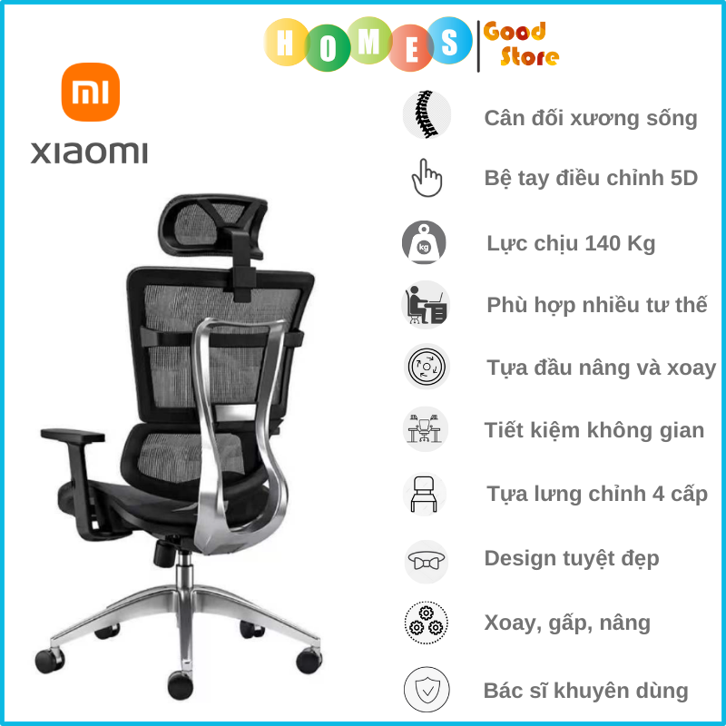 Ghế Xoay Công Thái Học Cao Cấp XIAOMI HBADA HDNY189SB Lưng Kép Đệm 5D, Tựa Tay Điều Chỉnh 5D, Tựa Lưng Chỉnh 4 Cấp, Bác Sĩ Khuyên Dùng - Hàng Chính Hãng