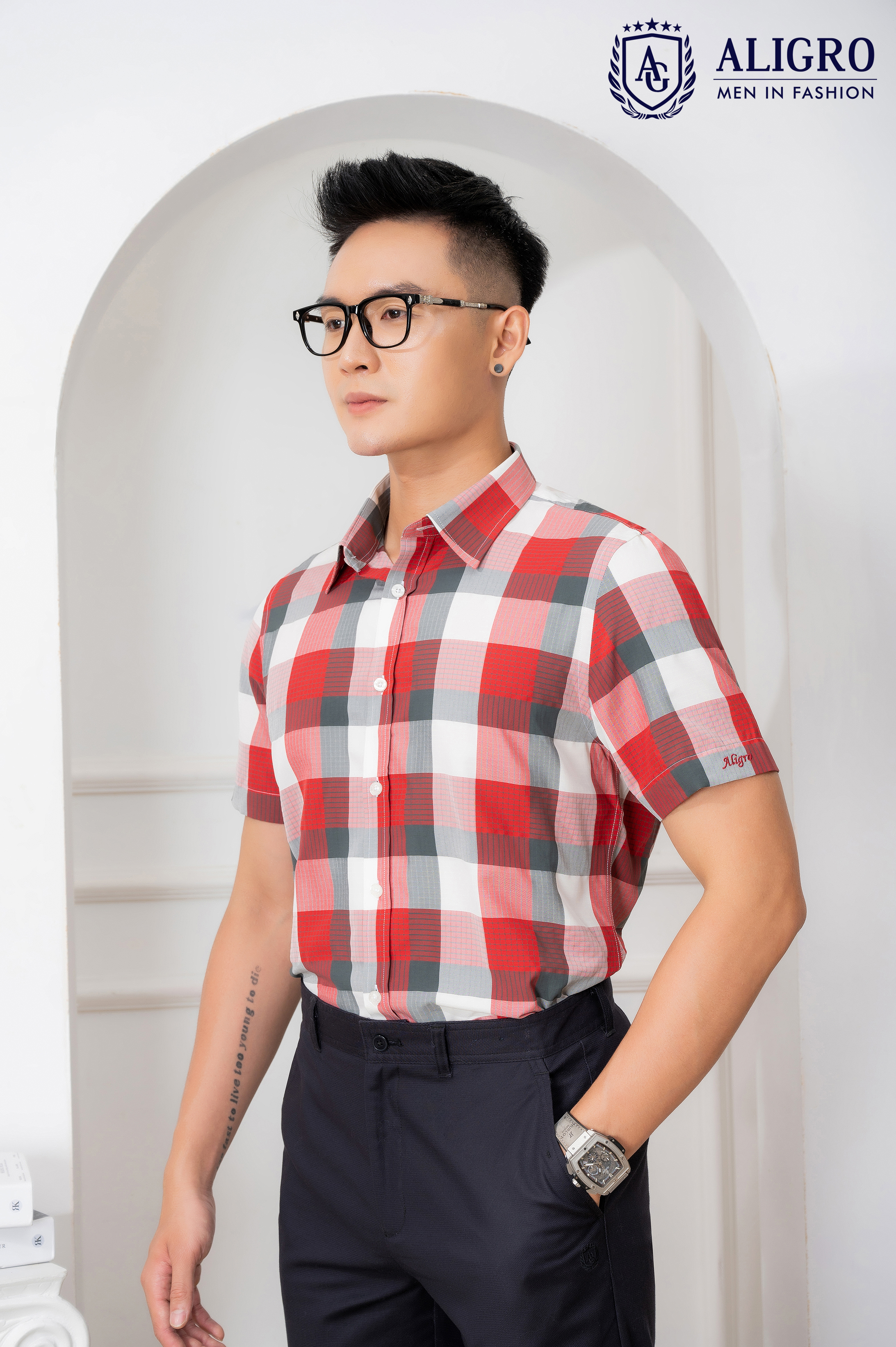 Áo sơ mi nam ngắn tay ALIGRO kẻ caro, cotton cao cấp, kháng khuẩn form slim vừa công sở thời trang trẻ trung ALGS-C58