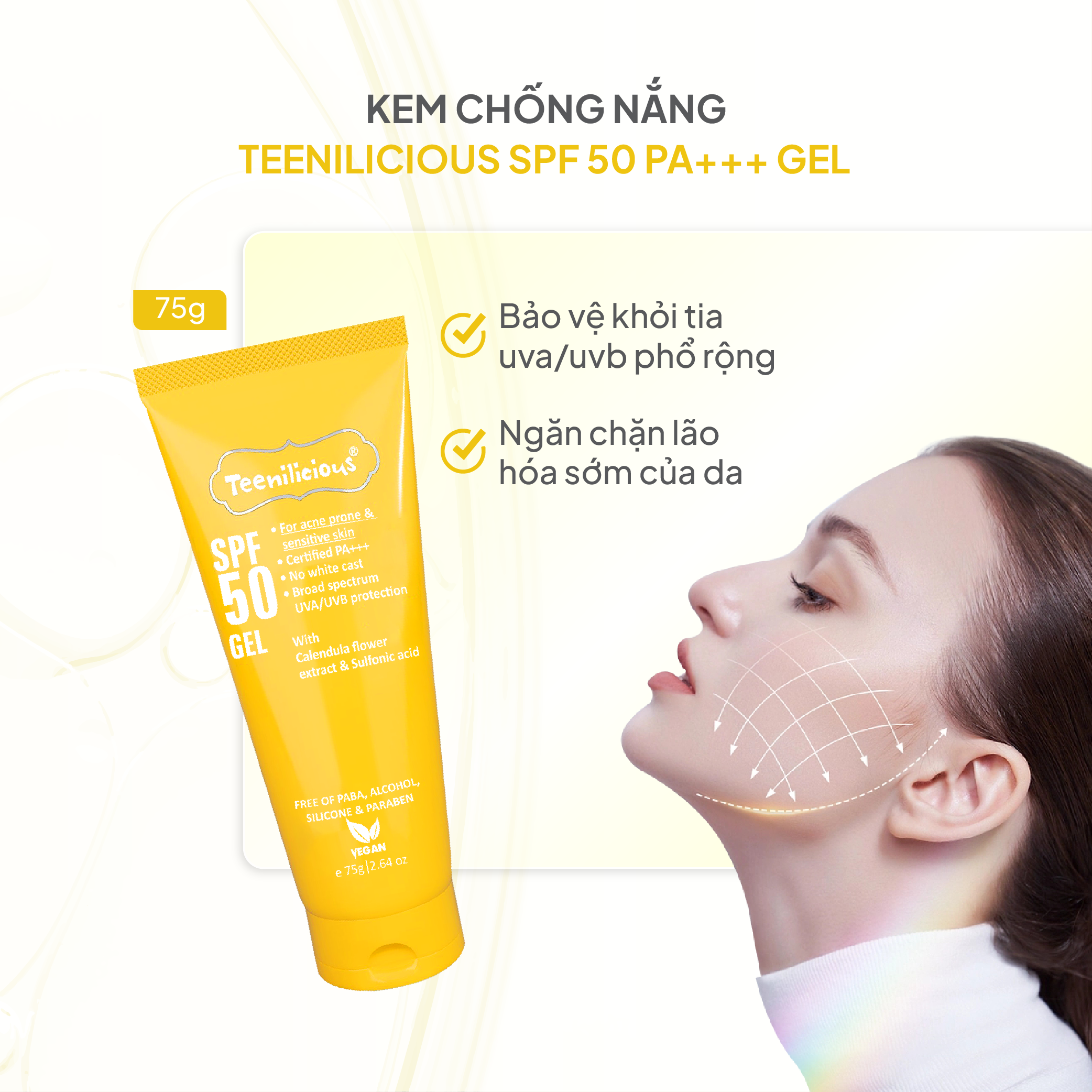 Kem Chống Nắng Teenilicious SPF 50 PA+++ Gel Mỏng Nhẹ Dành Cho Da Dầu Mụn Và Nhạy Cảm 75g