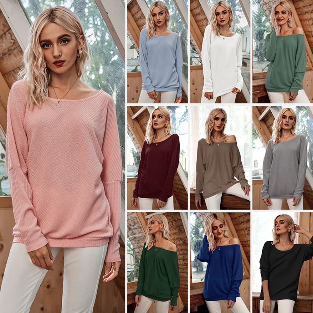 Women T-Shirt Off-shoulder O-neck Batwing Long Sleeve Ribbed Loose Solid Streetwear Female Pullover Tops Casual Autumn