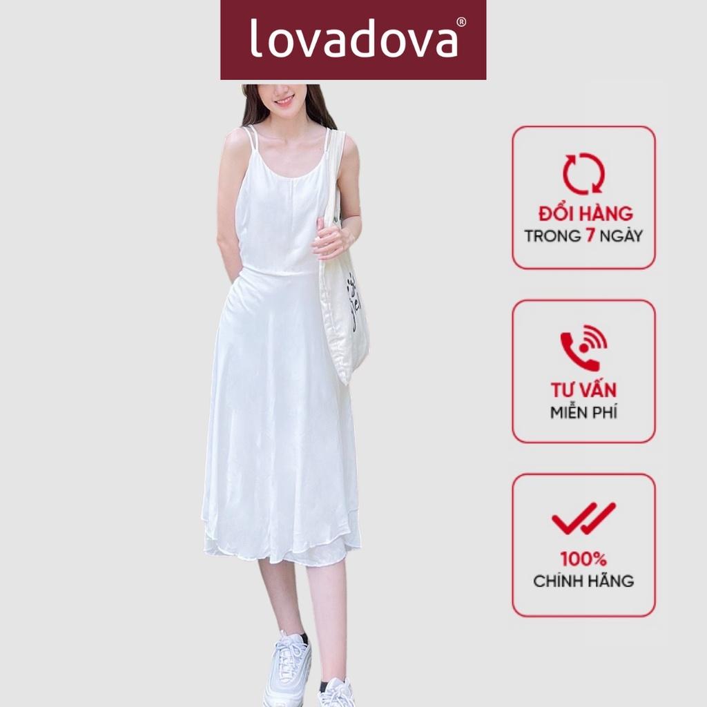 Đầm Dáng Suông, Hai Dây, Cách Điệu Nhún Eo, Tà Xòe Nhẹ, Màu Trắng - Lovadova 21D11C003