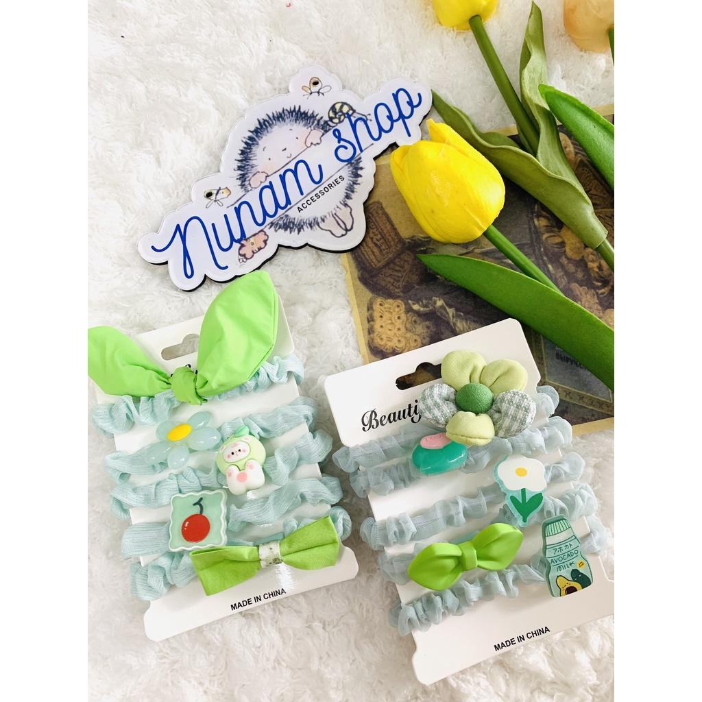 Set 5 - cột tóc crunchies vải màu xanh lá nhiều hoạt tiết dễ thương Nunam shop đồ cột tóc đẹp, cute, cao cấp