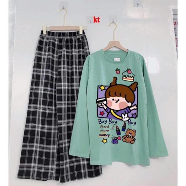 Sét áo sweater cô gái so cute+ quần kẻ ô siêu xinh -ND16