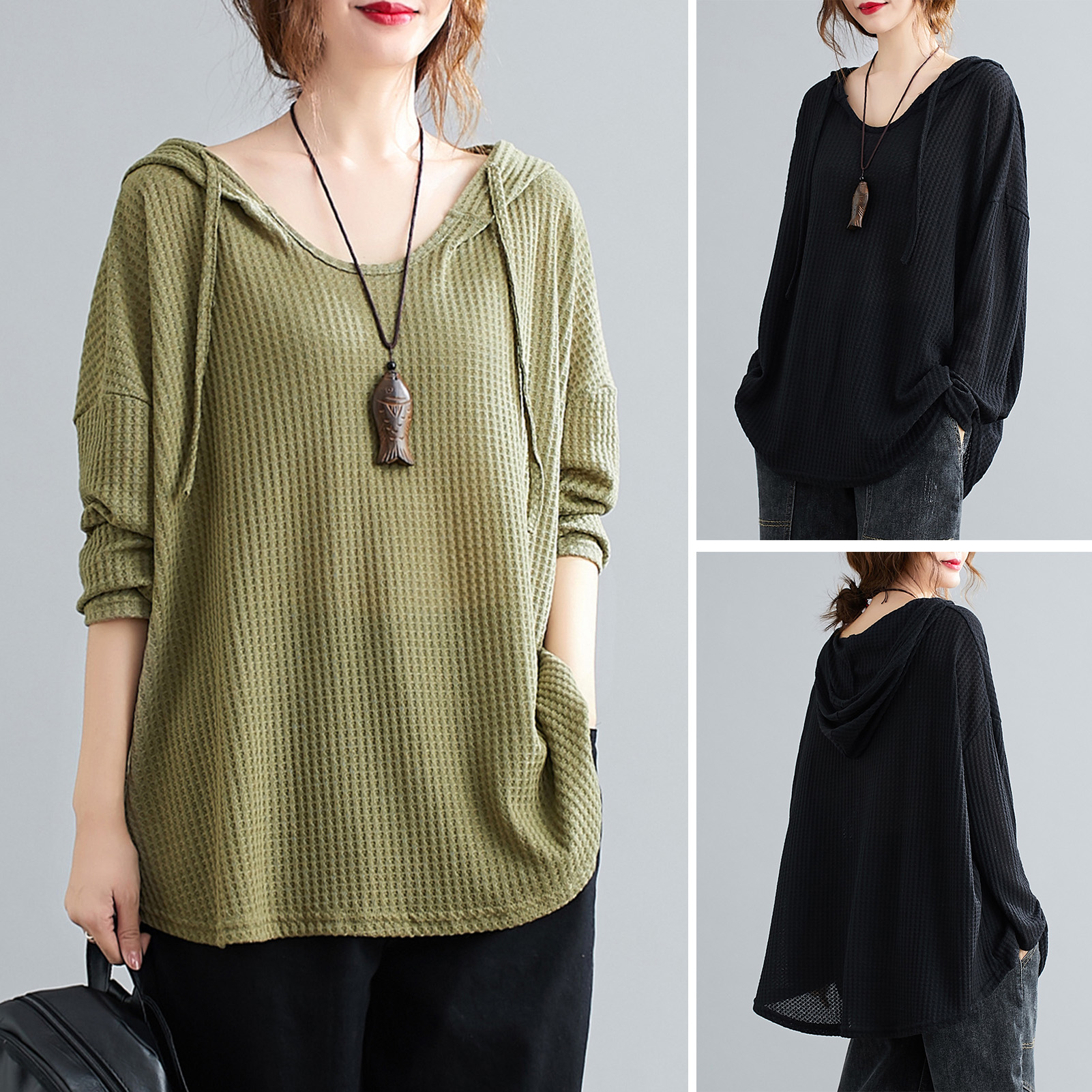 Women Hoodie Drawstring Long Sleeve Solid Color Loose Hooded Sweater Knit Pullover Casual Spring Autumn Plus Size