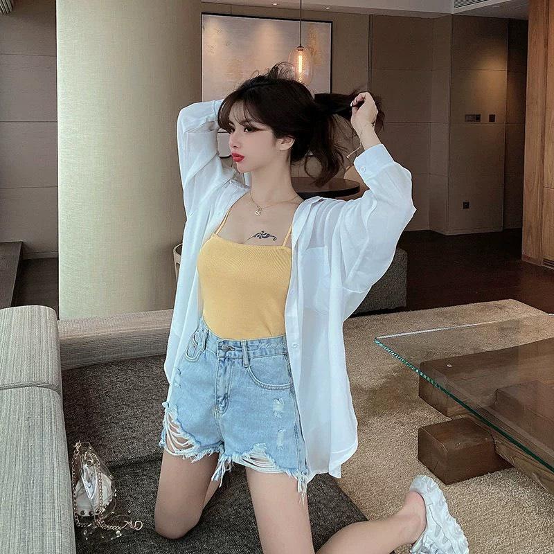Áo Sơ Mi Nữ From Rộng CHIPY Chất Đũi Kiểu Công Sở Dài Tay Phồng 2 Túi Dáng Dài Hàn Quốc Vải Lụa Màu Trắng Cổ Đức Vintage