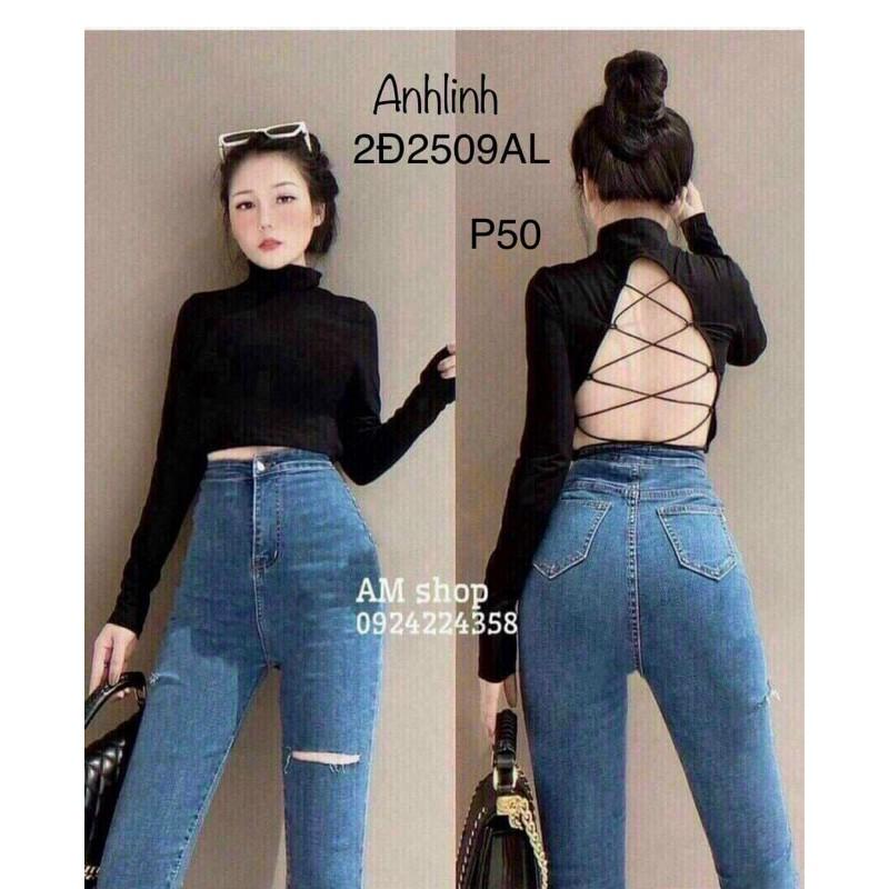 Áo croptop tay dài cổ cao đan dây lưng
