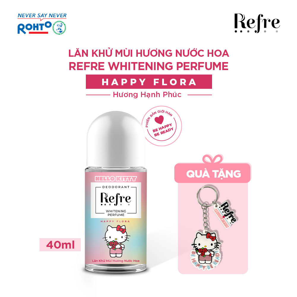 Lăn khử mùi hương nước hoa Refre Whitening Perfume Happy Flora - Hương Hạnh Phúc 40ml (Phiên bản Hello Kitty giới hạn) + Tặng móc khóa Hello Kitty xinh xắn