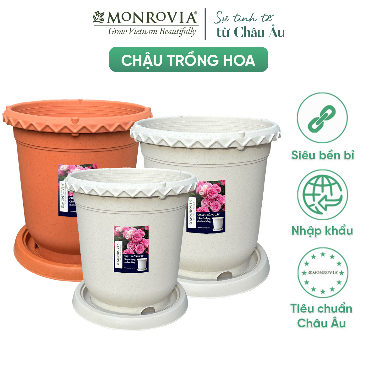 Chậu nhựa trồng cây MONROVIA thông minh, decor trang trí chuyên cho hoa hồng, cây cảnh, ban công, nhập khẩu tiêu chuẩn Châu Âu