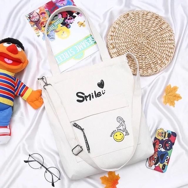 Túi ToTe đeo chéo và đeo vai thời trang kiểu mới chữ HAPPY SMILE of KITI SHOP 01 HOT có khóa kéo vừa A4