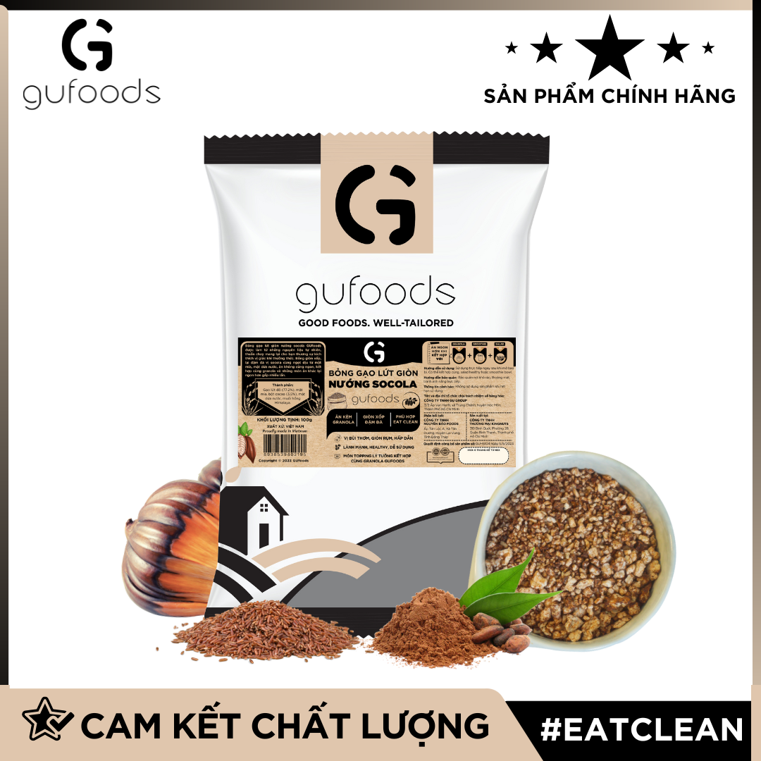 Bỏng gạo lứt giòn nướng socola GUfoods - Ăn kèm granola, Giòn xốp đậm đà, Giàu chất xơ, Thuần chay, Eat clean