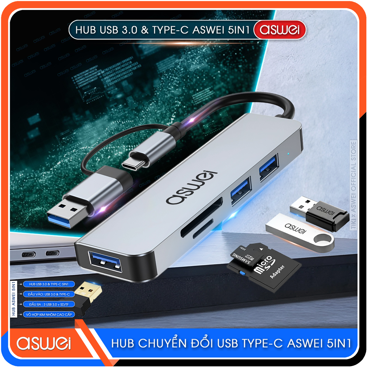 Hub Chuyển Đổi USB Type C ASWEI 5 in 1 - USB 3.0, SD, TF Tốc Độ Cao - Hàng Chính Hãng