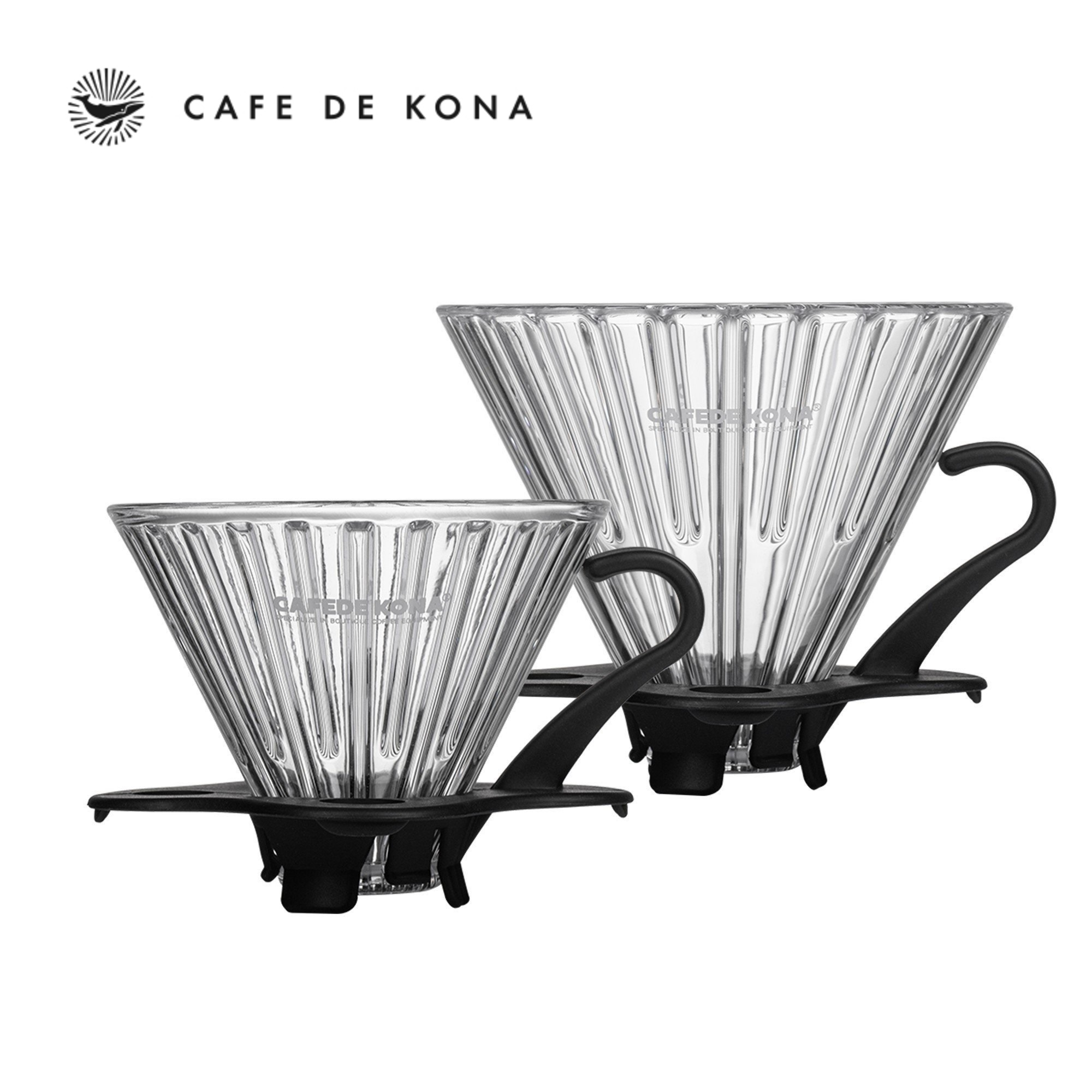 Phễu thuỷ tinh V60 rãnh thẵng đế nhựa đen CAFE DE KONA