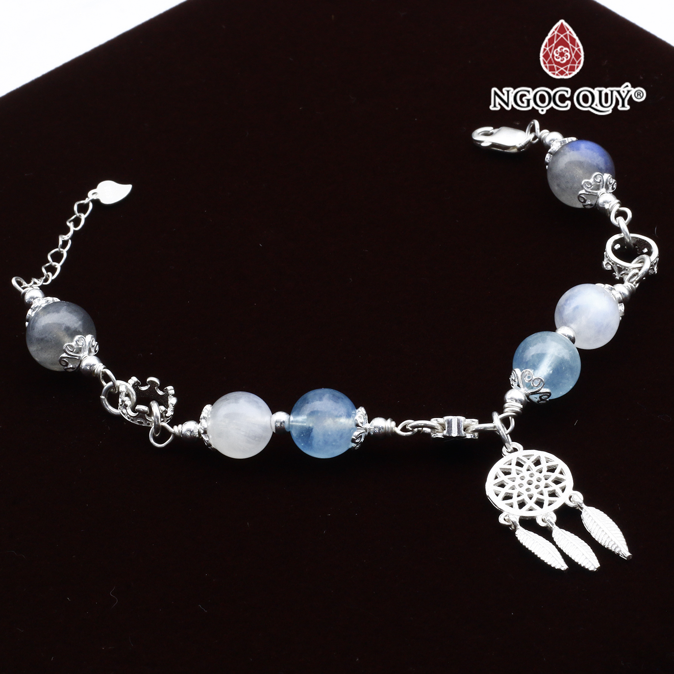 Vòng lắc bạc phối charm aquamarine và thạch anh trắng mệnh thủy, mộc - Ngọc Quý Gemstones