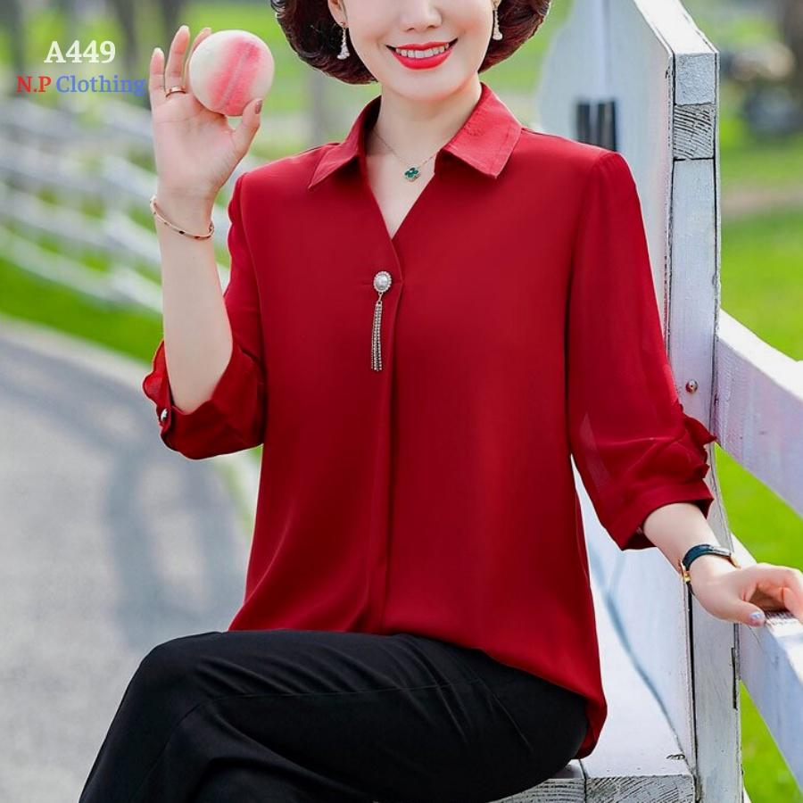 Áo Trung Niên Nữ A449, Mẫu Áo Trung Niên Cổ Sơ Mi Tay Lỡ Kèm Phụ Kiện Trang Nhã | Thời Trang Trung Tuổi U50
