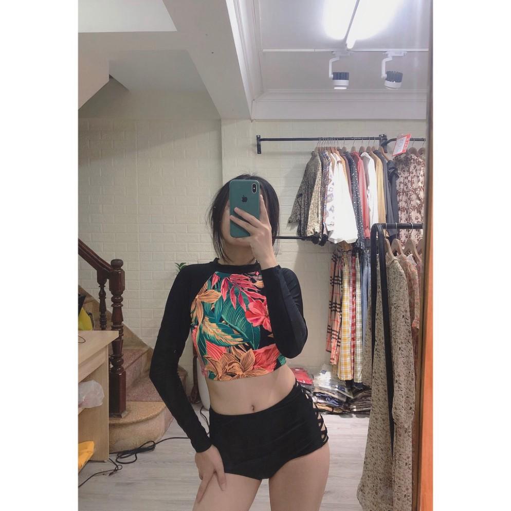 freeship Bikini nữ đẹp hai mảnh dài tay họa tiết hoa lá kín đáo ( Hàng loại 1)