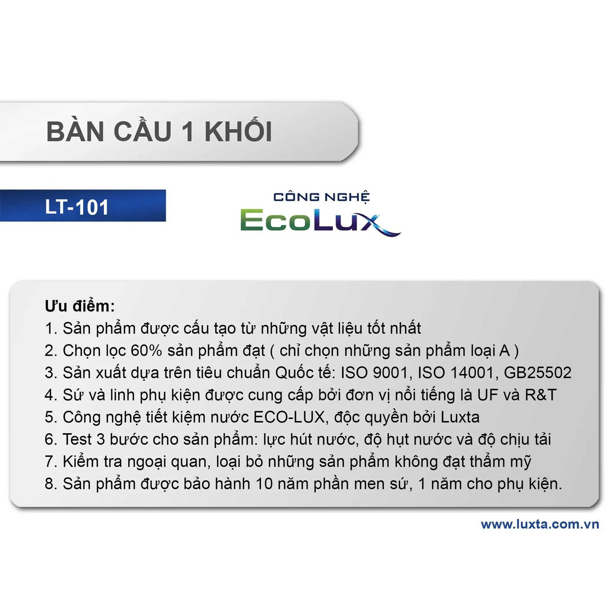 Bồn Cầu Chính Hãng LUXTA LT101 Công Nghệ Tiết Kiệm Nước ECO LUX