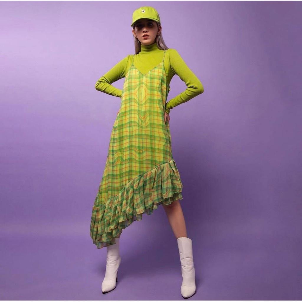 Hình ảnh Đầm Hai Dây Maxi Chân Váy Xoè Xanh TARTAN - Tartan Dress SE / Green / Tartan Pattern 