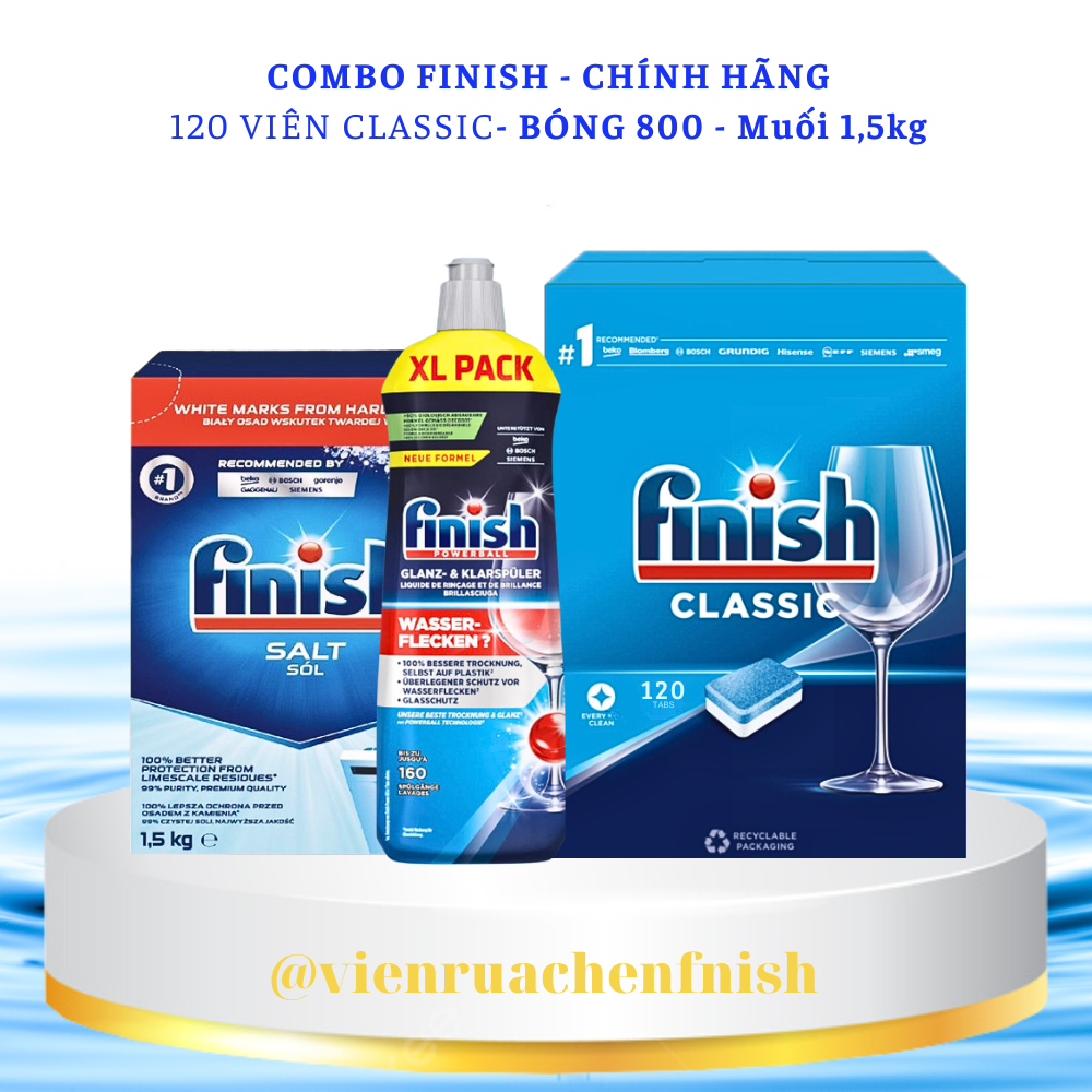Combo muối rửa bát Finish 1,5kgviên rửa bát Finish 120 viênNước làm bóng bát chén finish 800ml – Combo 3 món Viênmuốibóng