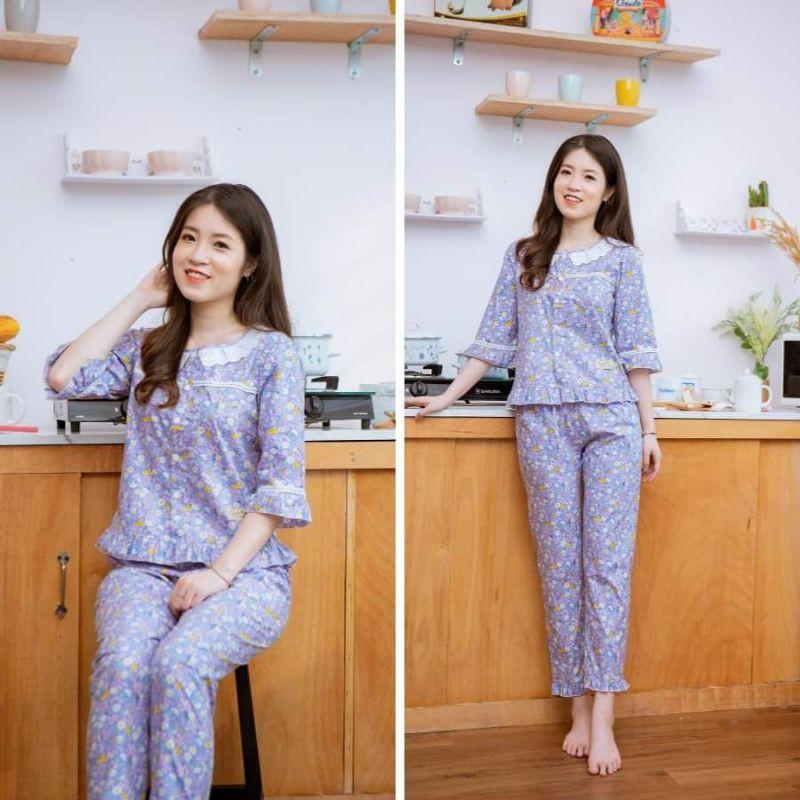 Đồ bộ mặc nhà, sau sinh cổ sen ren ảnh thật