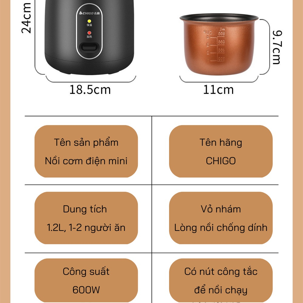 Nồi Cơm Điện Chigo 1,2L, Nồi Nấu Đa Năng