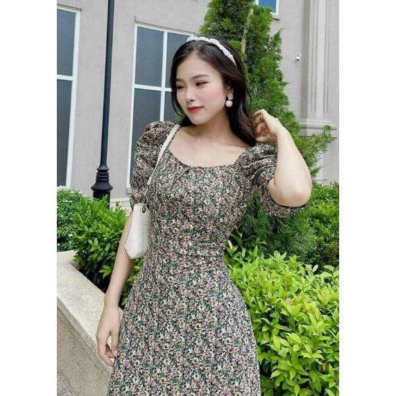 ĐẦM XOÈ LỤA HOA CỔ VUÔNG TAY PHỒNG