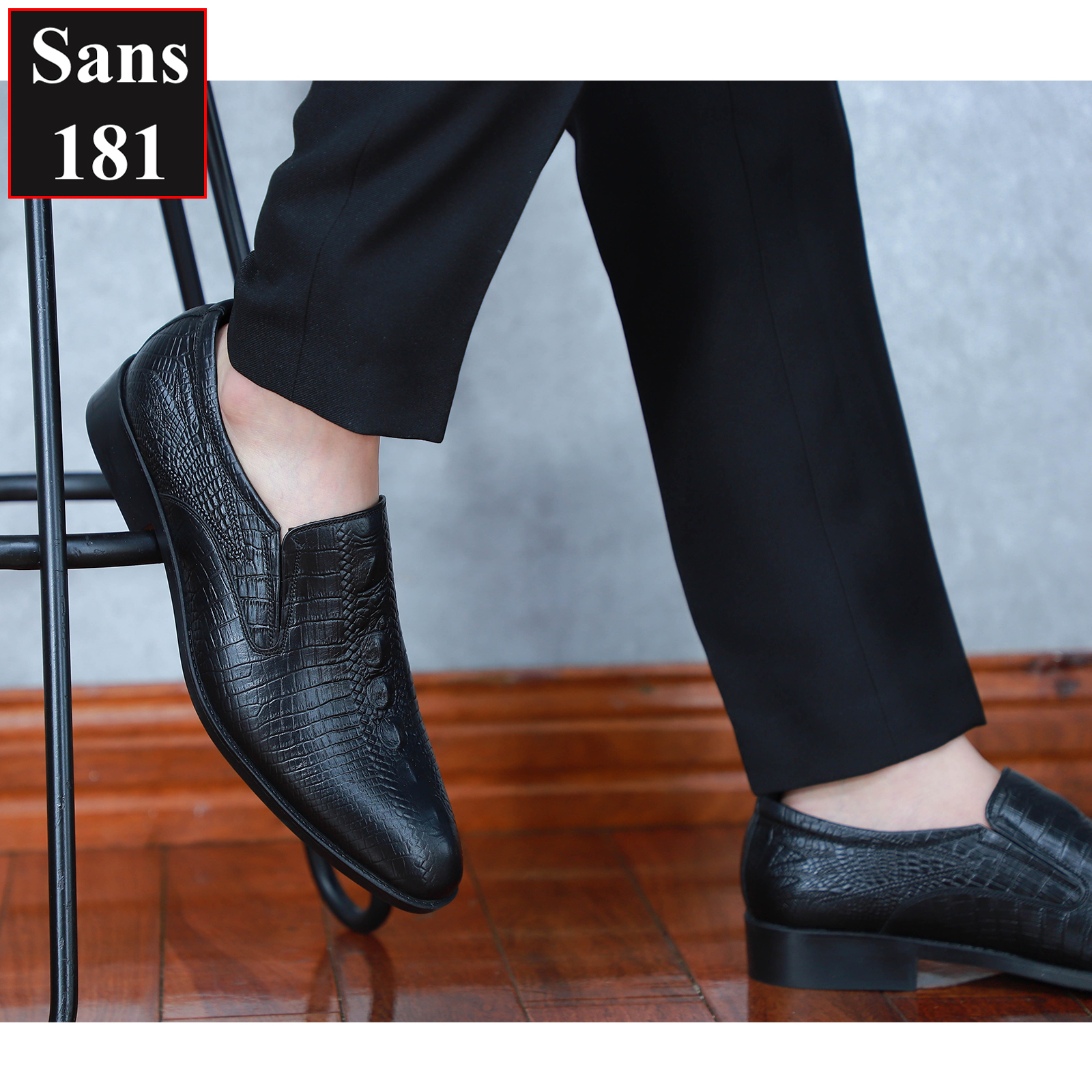 Giày Lười Da Bò Giày Tăng Chiều Cao 6cm Giầy Da Dập Vân Cá Sấu Sans181