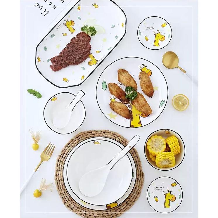 Bộ chén đĩa khay sứ ăn dặm cho bé Hươu cao cổ dễ thương