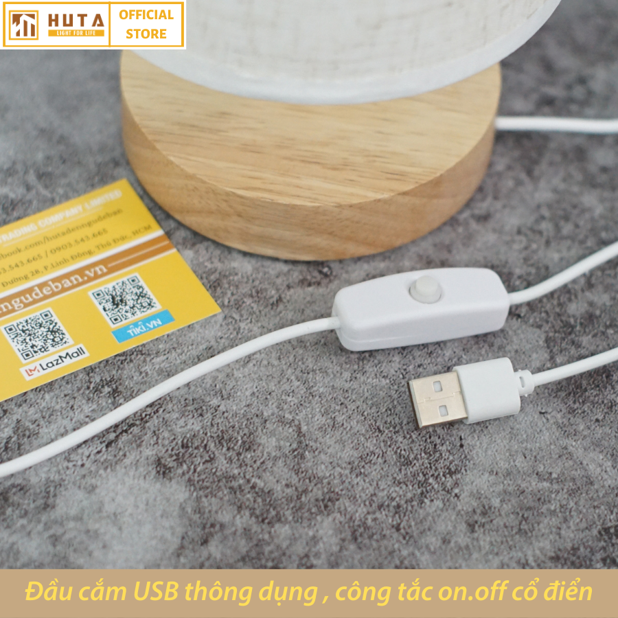 Đèn ngủ để bàn HUTA G2S Gỗ Chao Nón Vintage Dễ thương Decor Trang trí phòng ngủ, Đọc Sách Đầu Giường, Đầu Cắm USB, Đèn Vàng Bóng LED Tiết Kiệm Điện