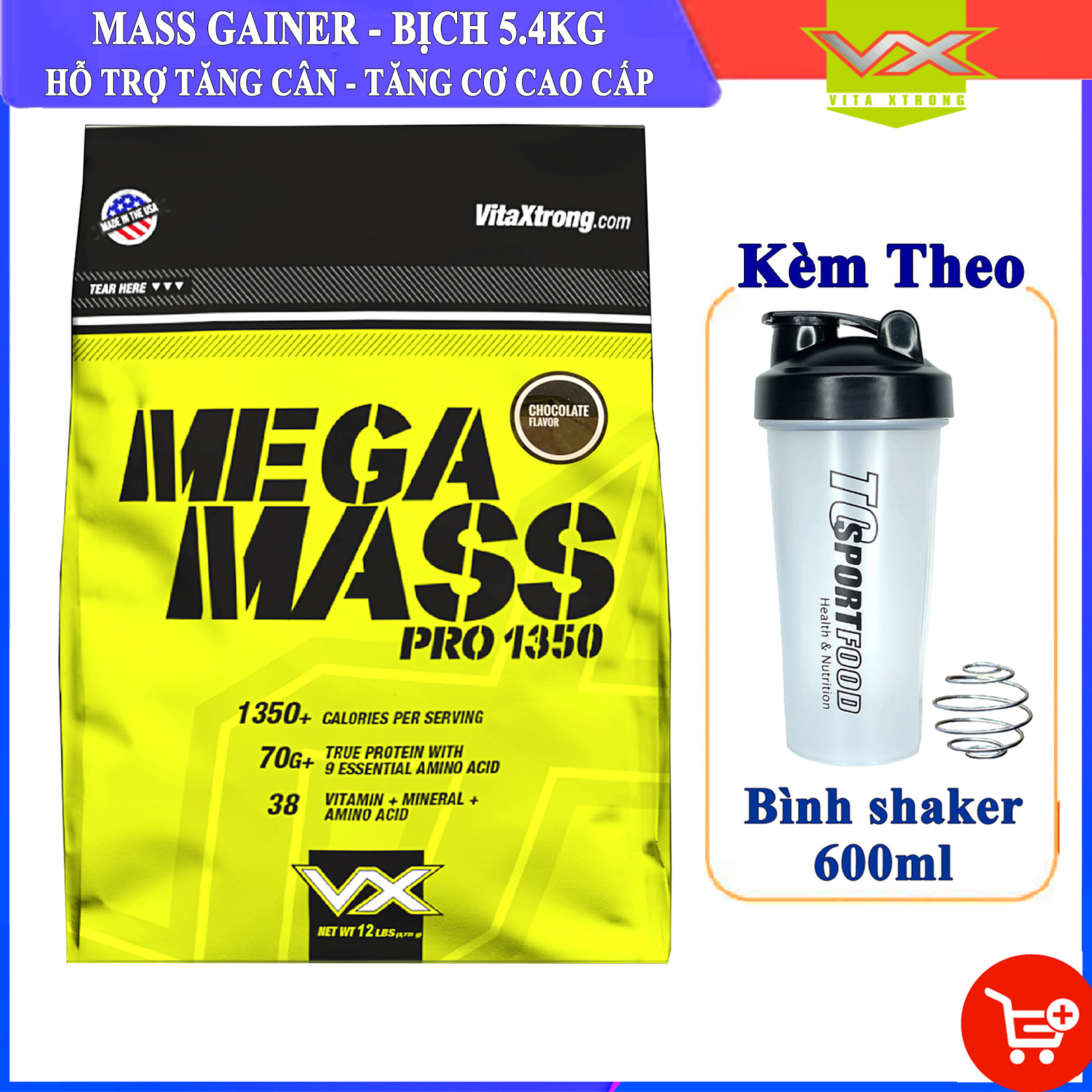 Combo Sữa tăng cân tăng cơ MEGA MASS của VITAXTRONG bịch 5.4kg hỗ trợ tăng cân tăng cơ nhanh cho người gầy, khó hấp thụ & Bình shaker 600ml (Mẫu ngẫu nhiên)