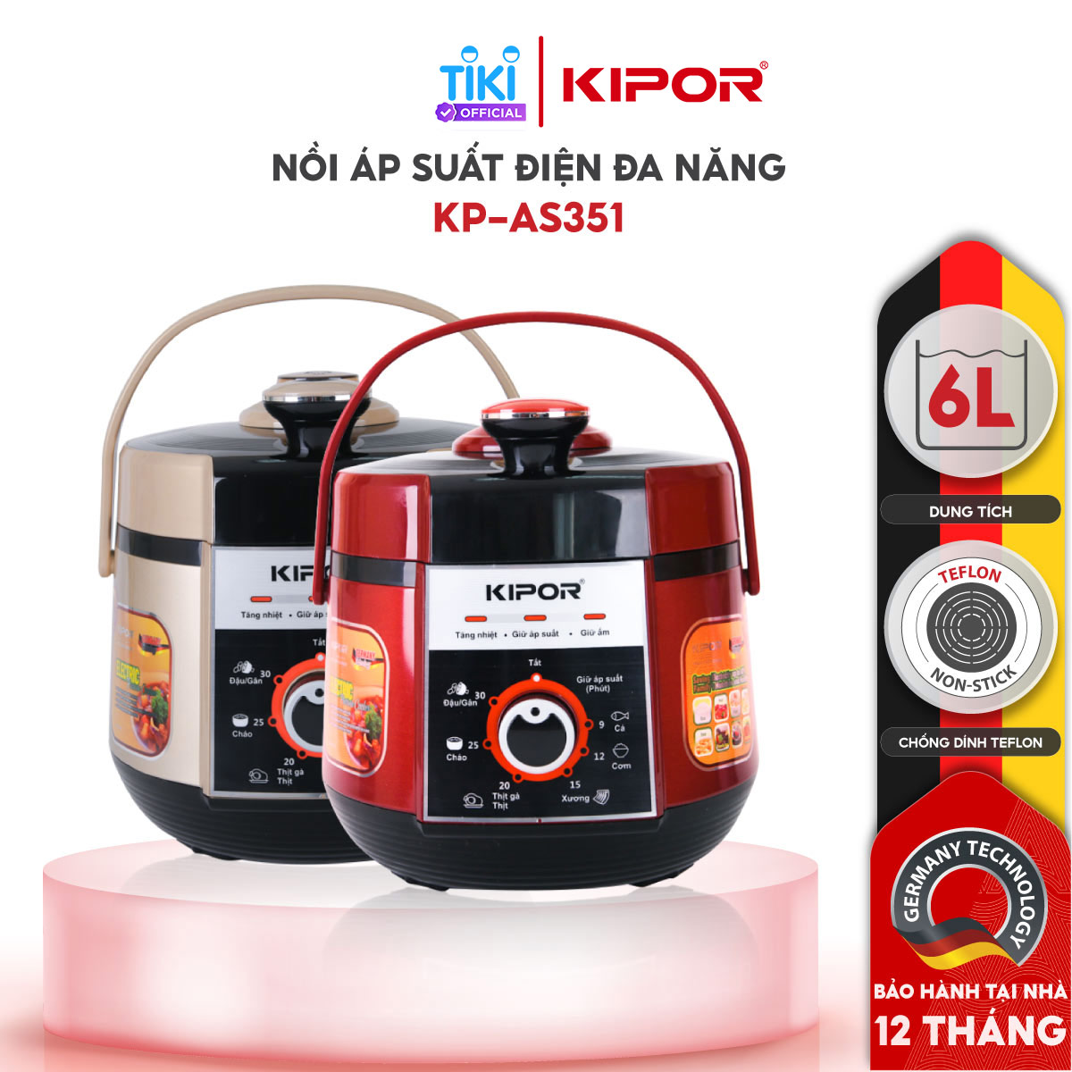 Nồi áp suất điện KIPOR KP-AS351 - 6L - Điều khiển cơ đa chức năng 7 trong 1 - Lòng nồi 5 lớp chống dính TEFLON - Hàng chính hãng