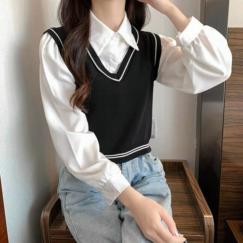 Áo len nữ Montoghi Quảng Châu GILE kiểu 2 lớp TAY DÀI phối cổ sơ mi xinh xắn