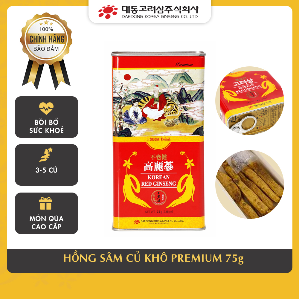 Hồng sâm củ khô Hàn Quốc Daedong Korea Ginseng 75g dòng Premium - Tăng cường trí nhớ, hỗ trợ giảm mỡ máu, phòng ngừa tiểu đường, huyết áp