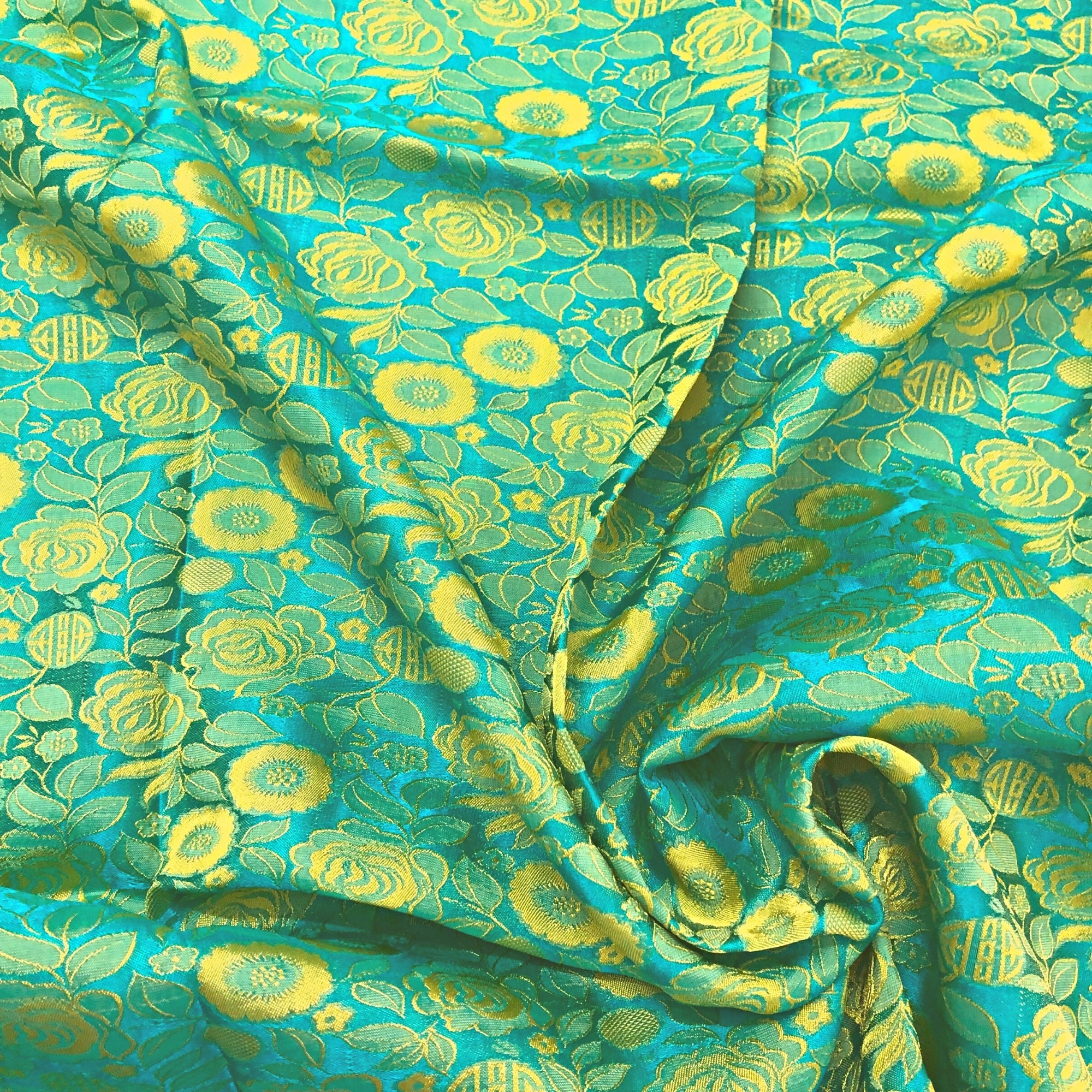 Vải Lụa Tơ Tằm hoa hồng thọ màu xanh, mềm#mượt#mịn, dệt thủ công, khổ vải 90cm