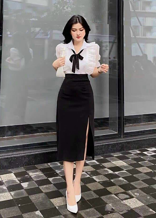 Set Áo Sơ Mi Kèm Nơ Rời Và Chân Váy Dài Duyên Dáng