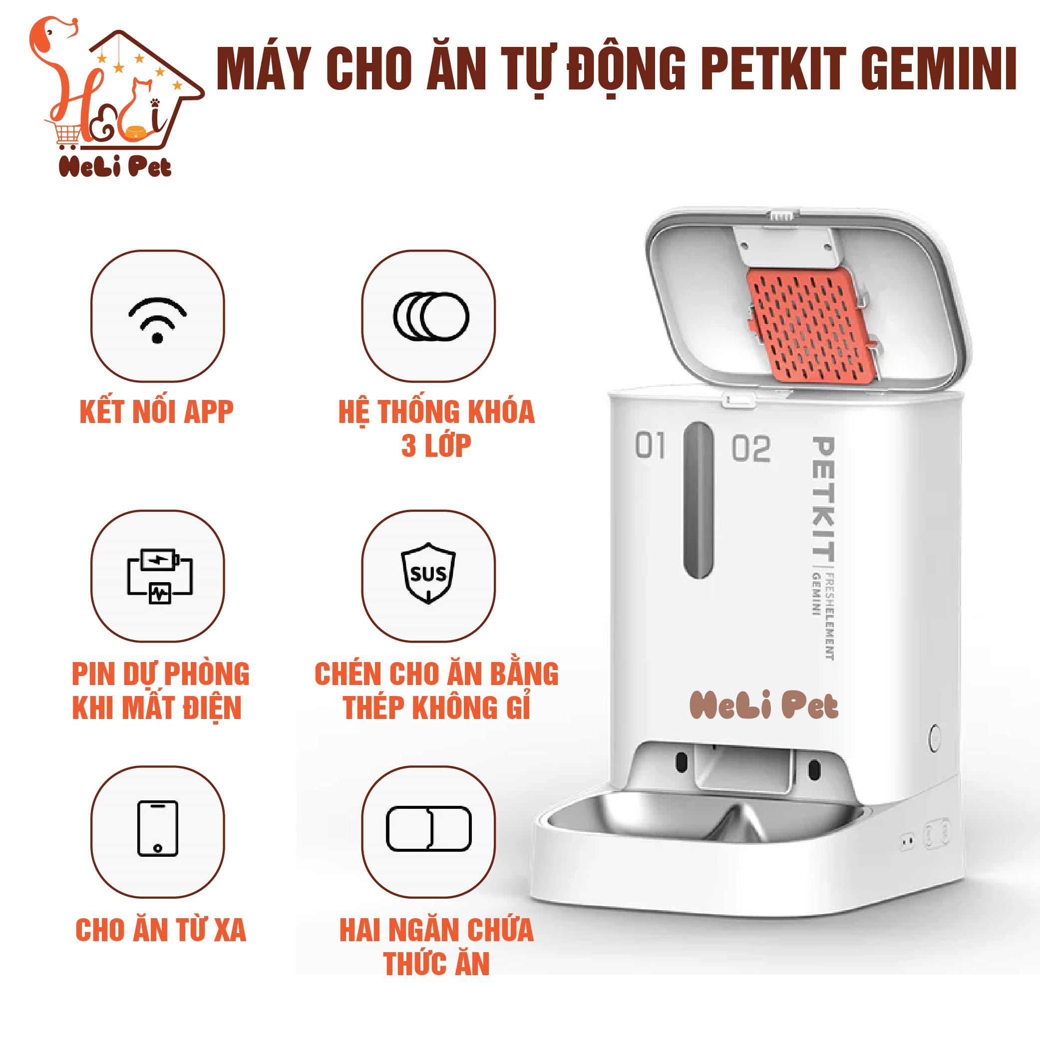 Máy Cho Mèo Ăn Tự Động, Máy Nhả Hạt Hai Ngăn, Máy Cho Chó Ăn Petkit Gemini