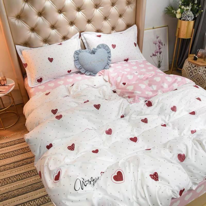 CHĂN GA GỐI POLY COTTON TIM HỒNG, SÉT CHĂN GA GỐI 5 MÓN -PP